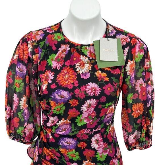 Marella Bacini Ruffle Dress NEW Women's SZ 4 Floral Sheer Sleeve Party Spring - Picture 4 of 15